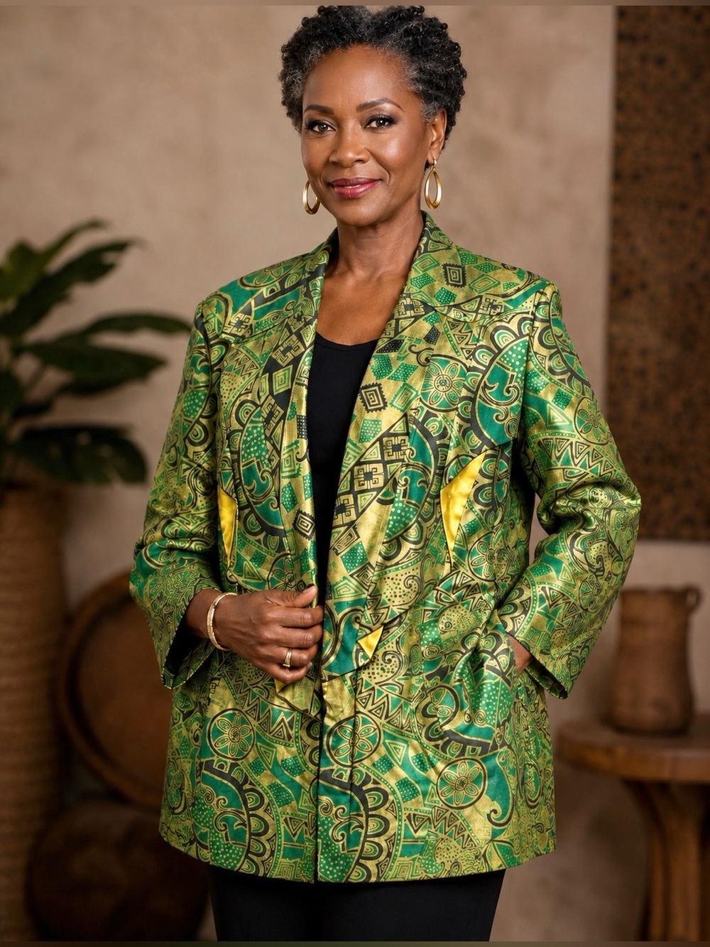 African Village Green & Gold Tribal Print Waterfall Jacket with Pockets, Large